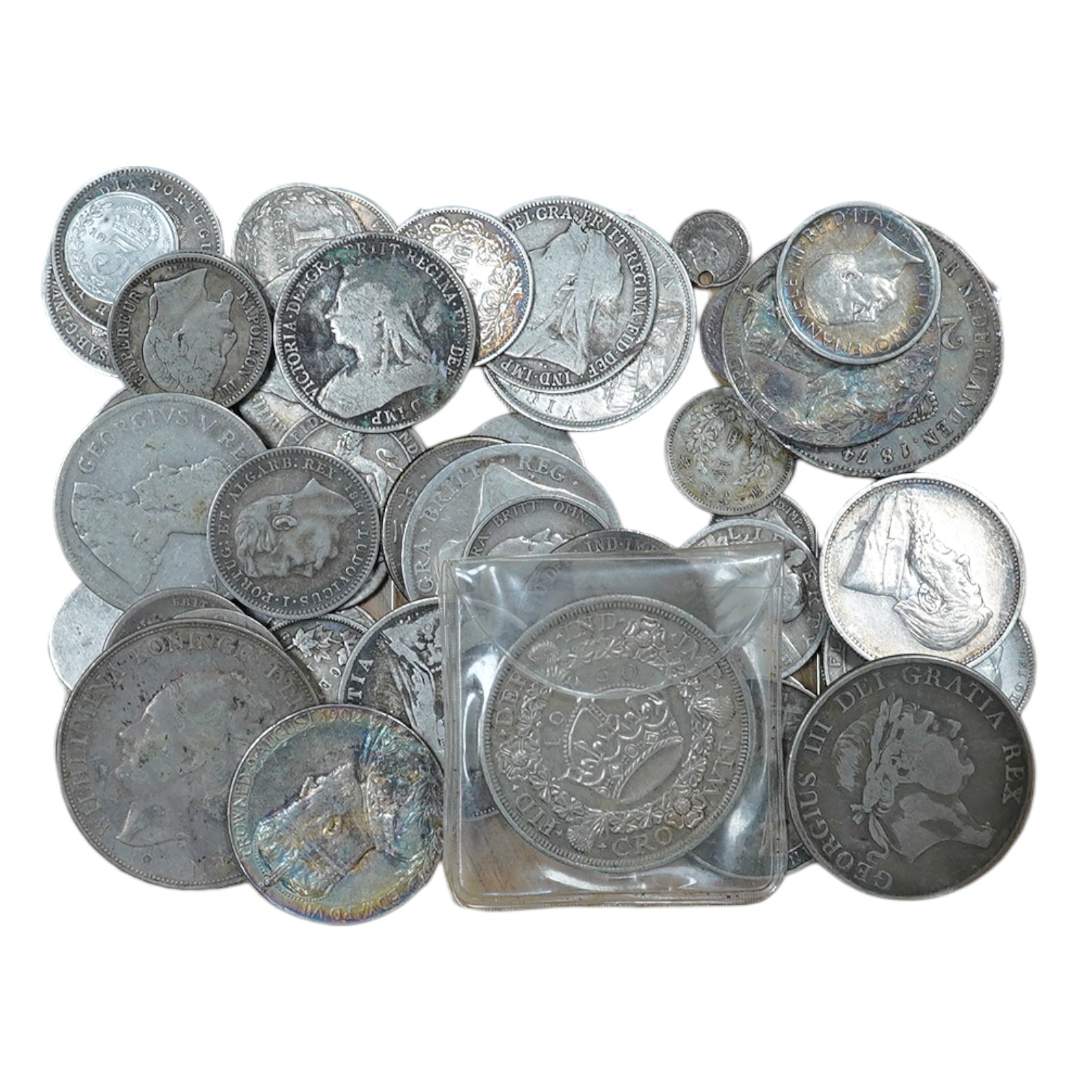 A quantity of British, Dutch, South Africa etc silver coins, 19th- early 20th century, to include a George V crown 1930, about EF etc.